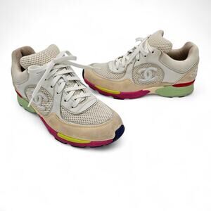 Chanel 16C CC Sneakers Cream Pink Green Suede Low Lace Up Size 38.5 US 7.5 8